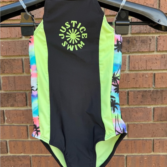 Justice Girls Tropical Swimsuit 1 Piece Halter Black Green Palm Tree Medium 10 - Picture 2 of 8